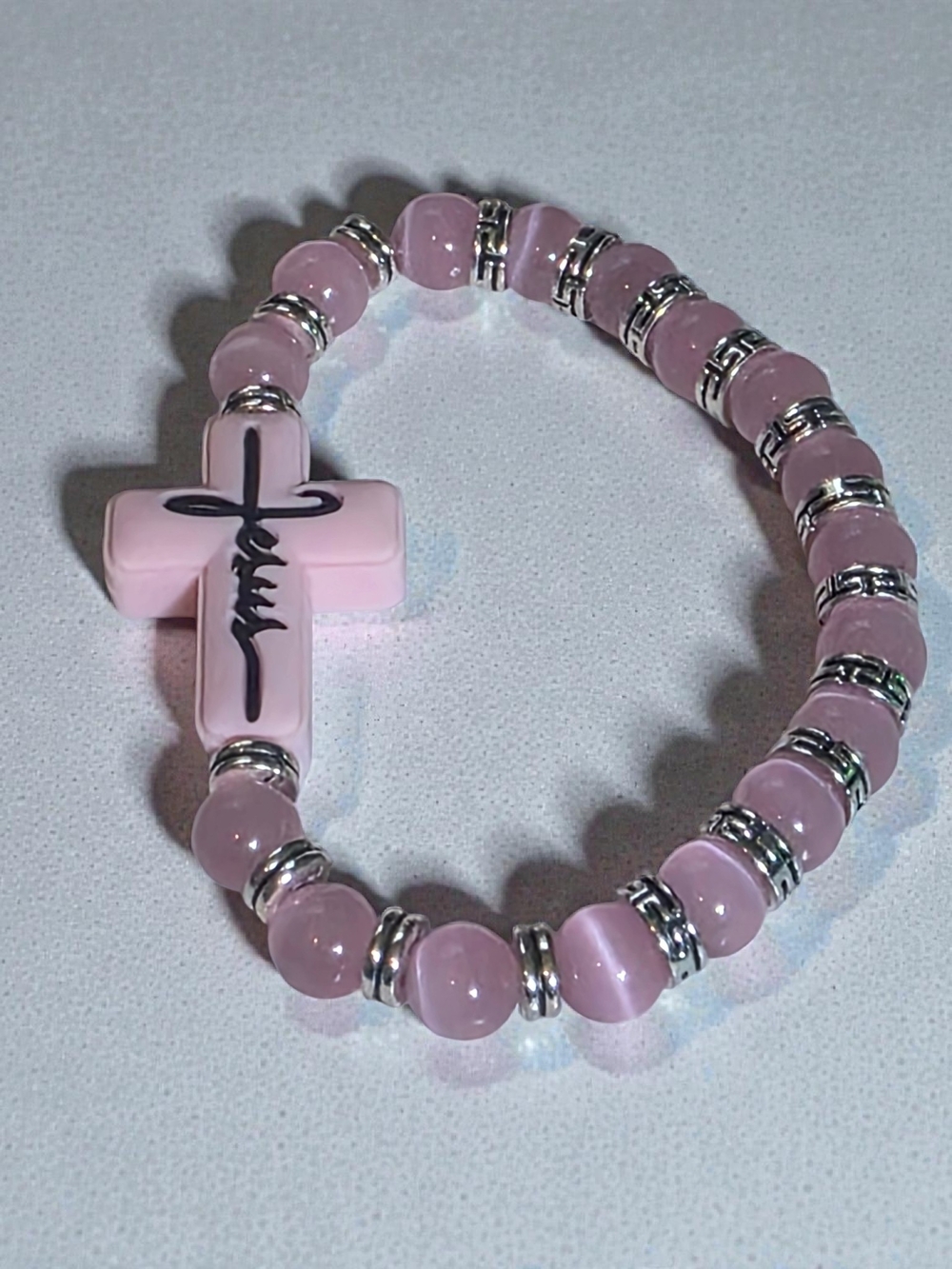 Pink Cat's Eye Beaded Jesus Cross Stretch Bracelet